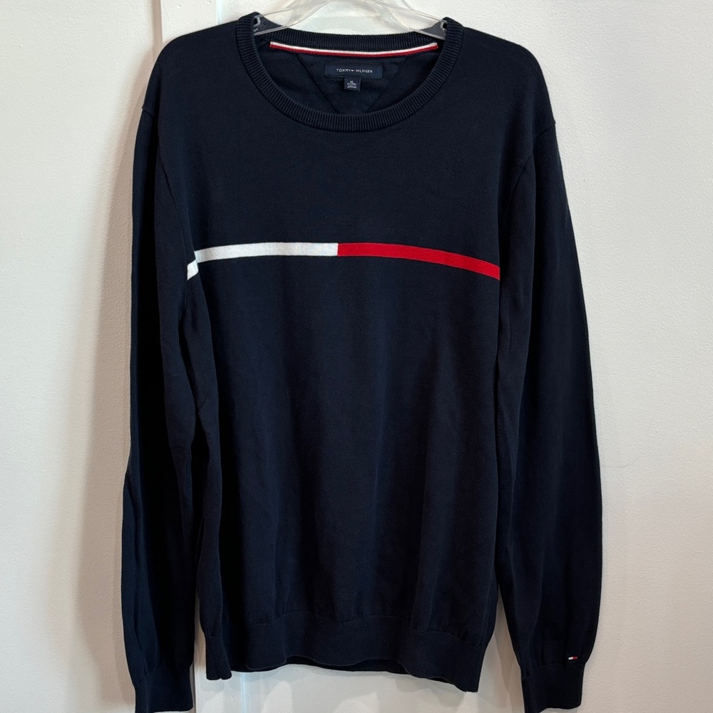 Tommy Hilfiger Black Crewneck Sweater with Red & White Chest Stripe